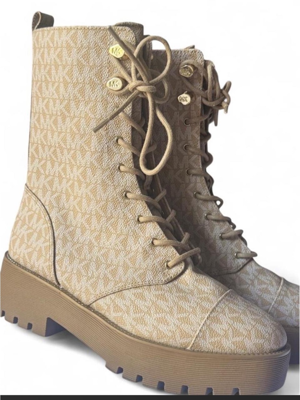 Michael Kors Beige/Tan Logo Lace-Up Platform Combat Boots